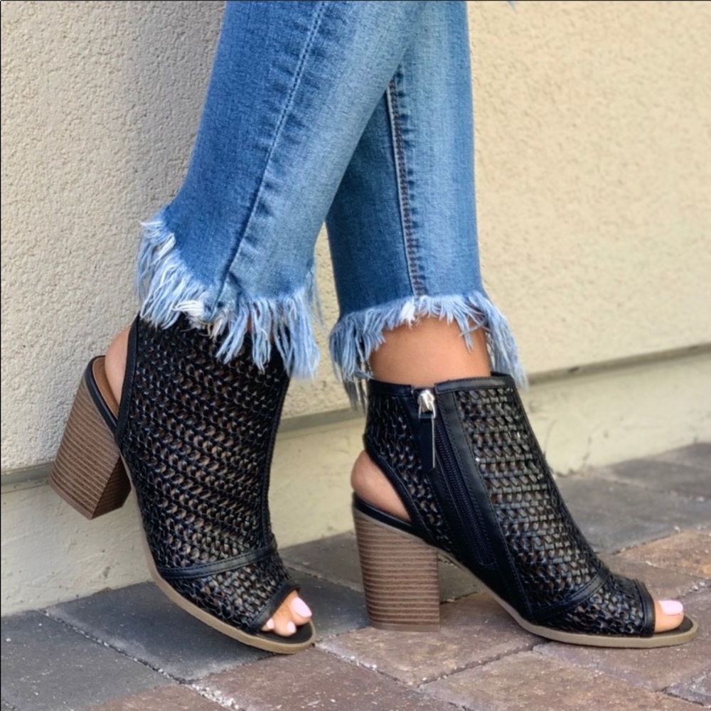 BLACK Woven Peep Toe Block Heel Ankle Bootie.